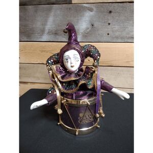 VTG Grand Casino Jester on Drum Music Box in Mardi Gras Colors 10" Tall